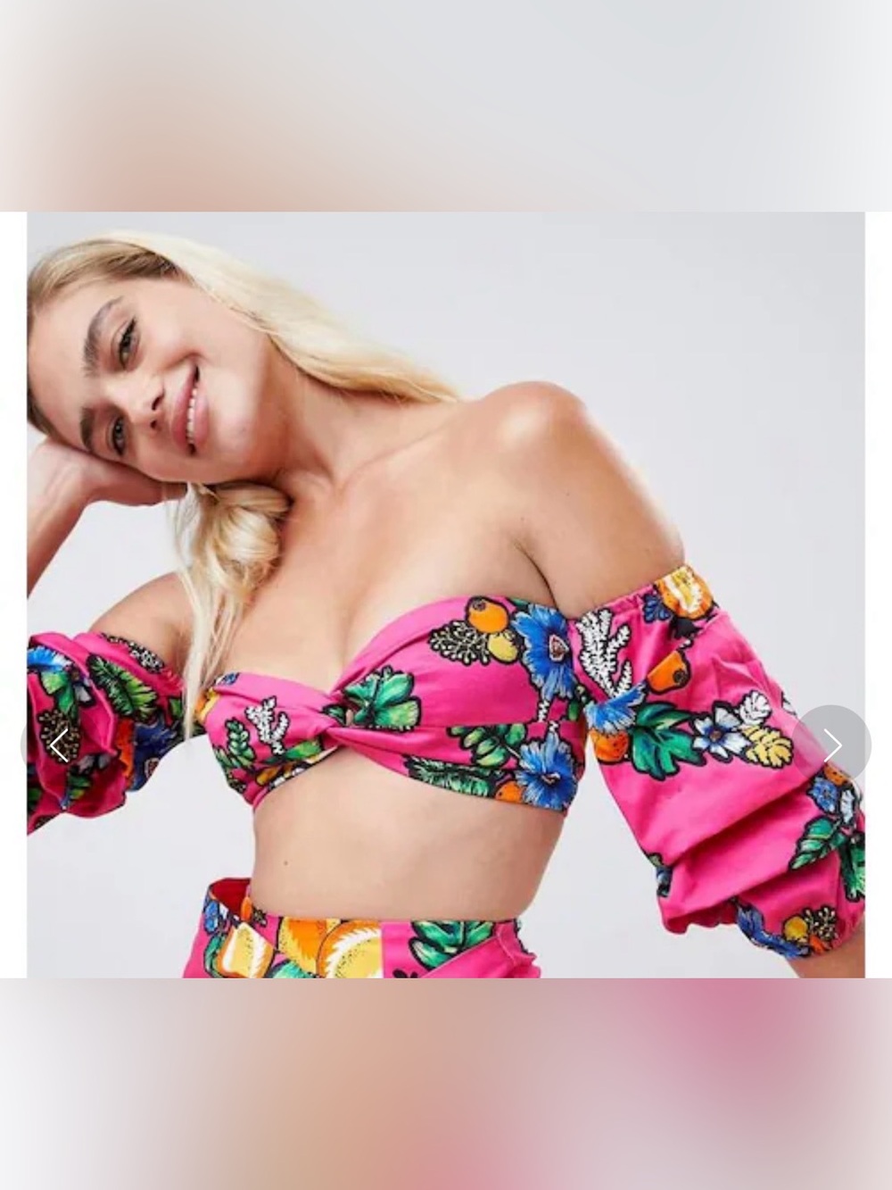 ASOS Pink Floral Fruit Print Puff Sleeve Off Shoulder Crop Top US 8